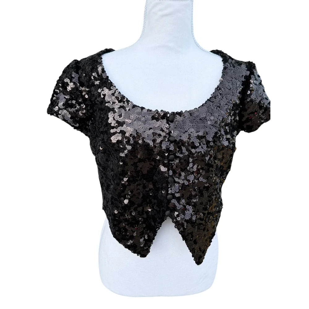 Y2k Betsey Johnson Vintage Women's LARGE Black Sequined Short-Sleeve Crop Jacket